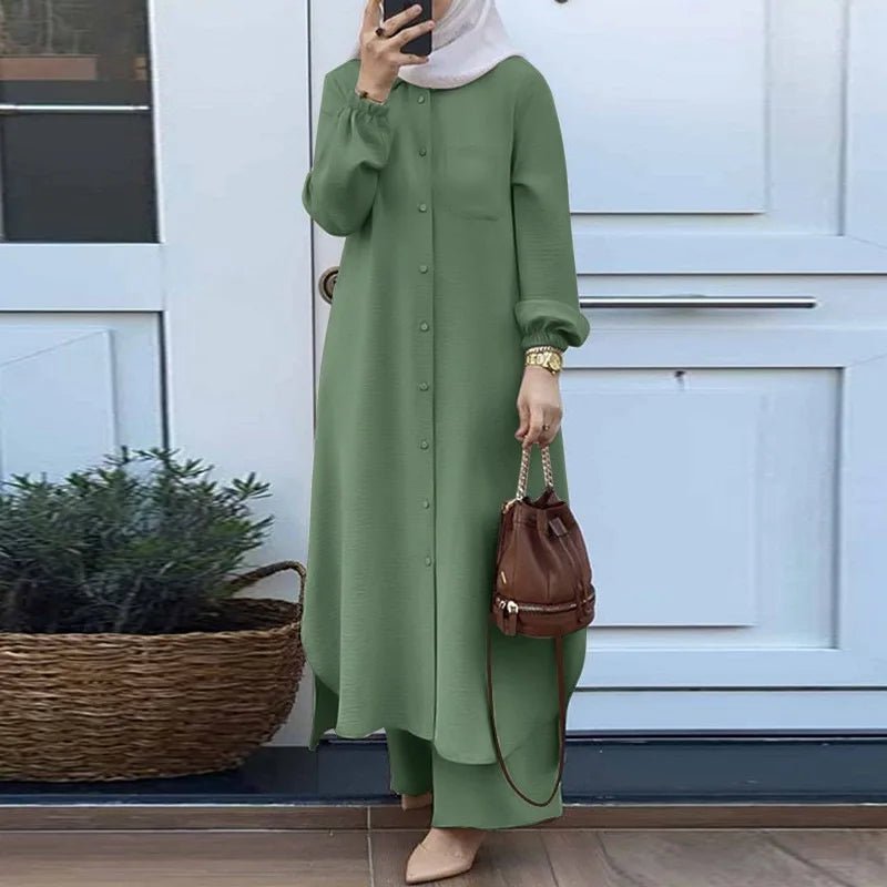 Women Muslim Casual Two Piece Set Saudi Arabian Mid East Robe Sleeve Button up Long Wide Leg Pants Suit - Zeprah