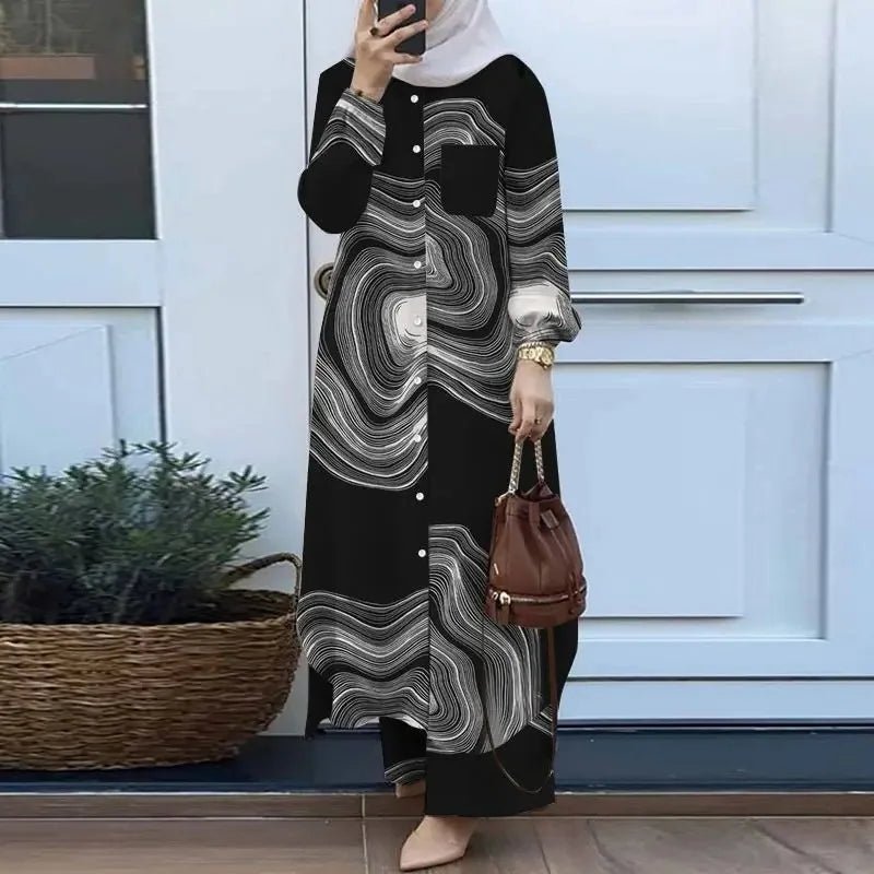 Women Muslim Casual Two Piece Set Saudi Arabian Mid East Robe Sleeve Button up Long Wide Leg Pants Suit - Zeprah