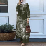 Women Muslim Casual Two Piece Set Saudi Arabian Mid East Robe Sleeve Button up Long Wide Leg Pants Suit - Zeprah