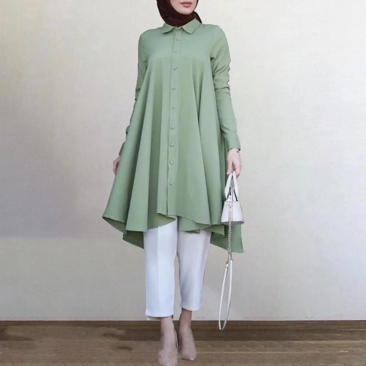 Women Muslim Long Lapel Collar Single Breasted Swallowtail Curved Hem Shirt Solid Loose Casual Top - Zeprah