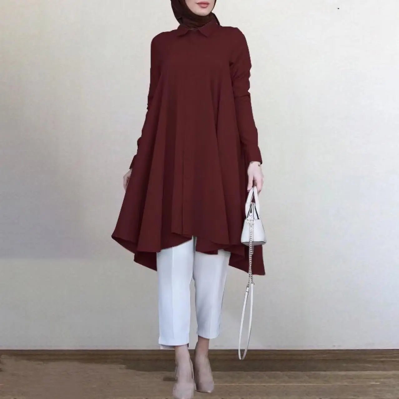 Women Muslim Long Lapel Collar Single Breasted Swallowtail Curved Hem Shirt Solid Loose Casual Top - Zeprah