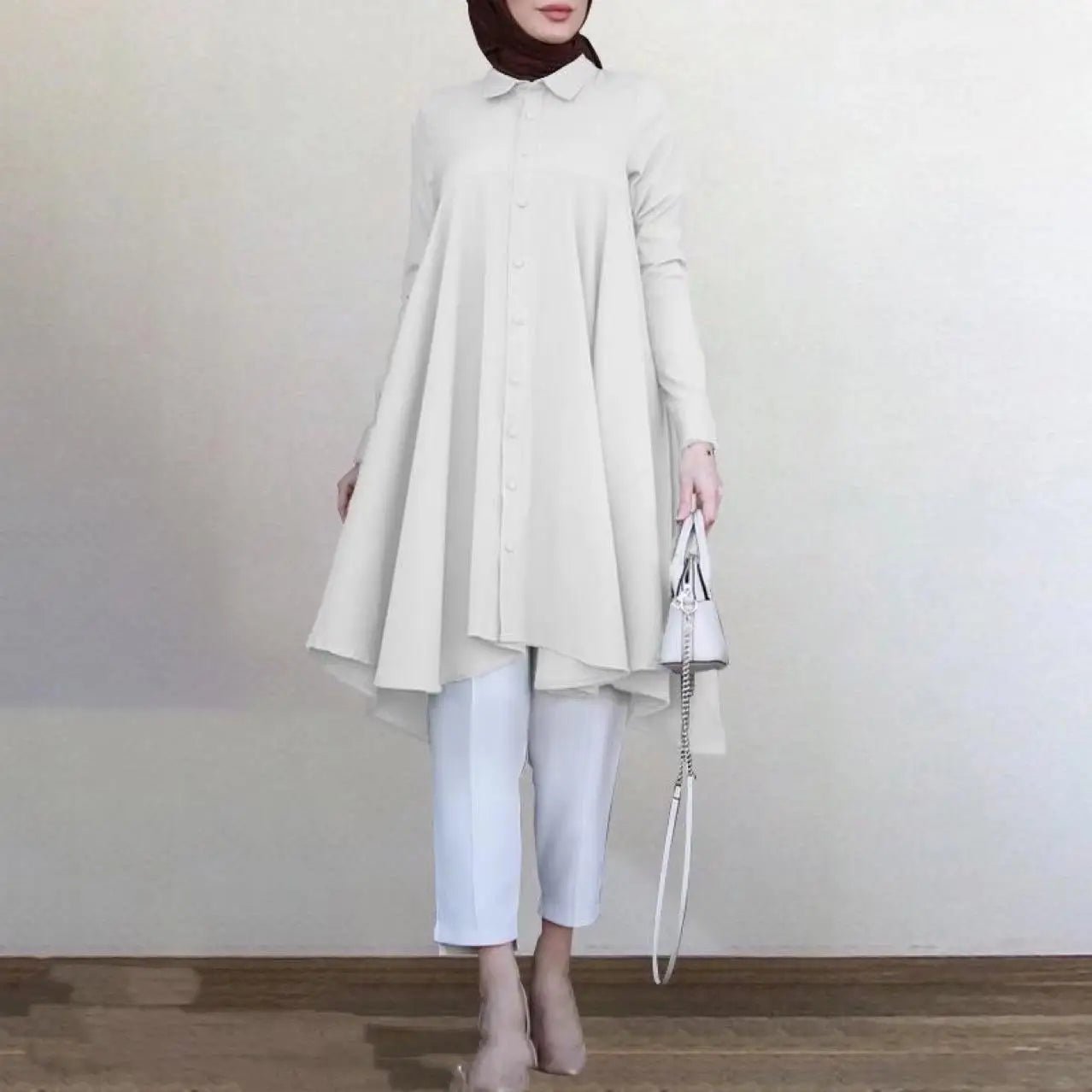 Women Muslim Long Lapel Collar Single Breasted Swallowtail Curved Hem Shirt Solid Loose Casual Top - Zeprah