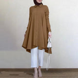 Women Muslim Long Lapel Collar Single Breasted Swallowtail Curved Hem Shirt Solid Loose Casual Top - Zeprah