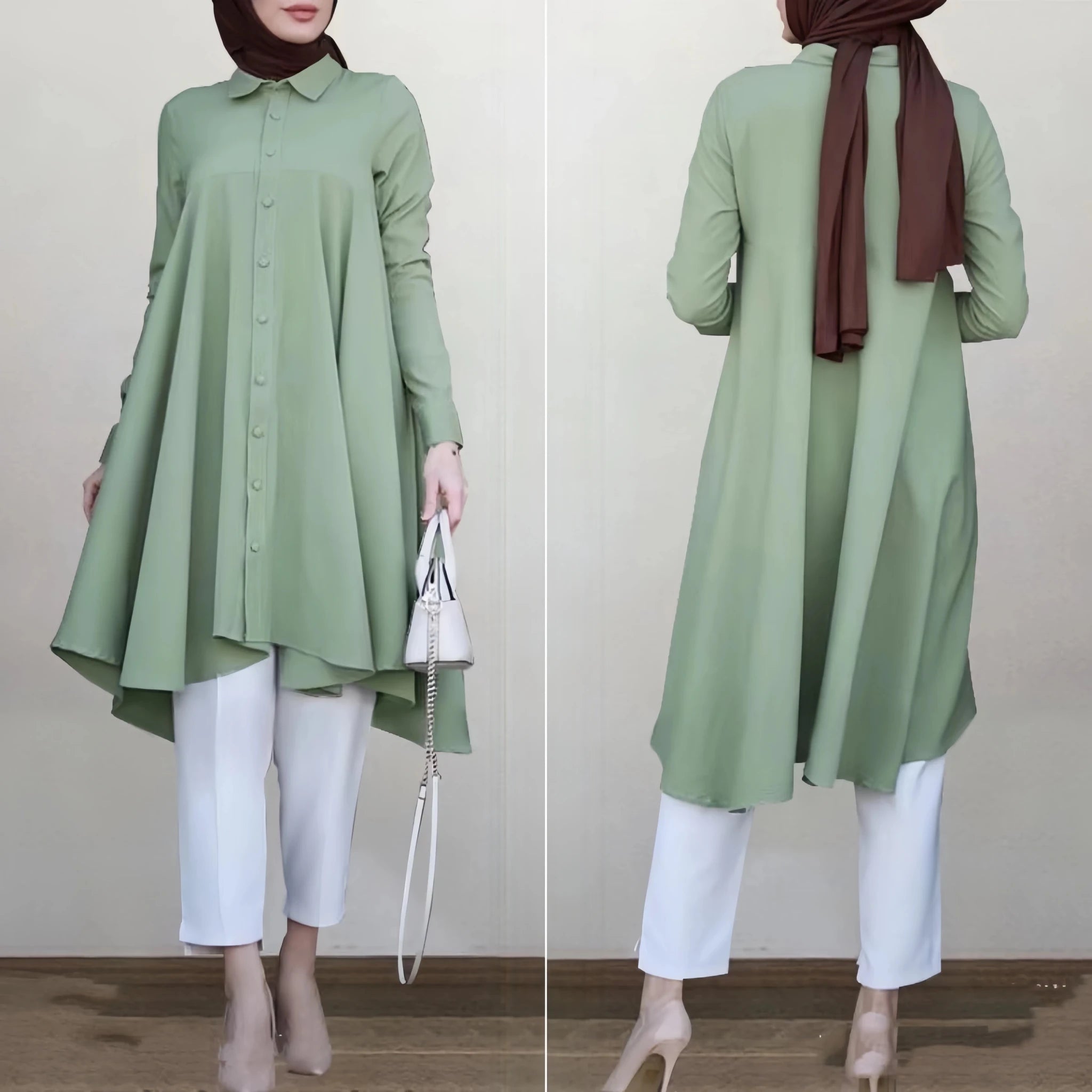 Women Muslim Long Lapel Collar Single Breasted Swallowtail Curved Hem Shirt Solid Loose Casual Top - Zeprah