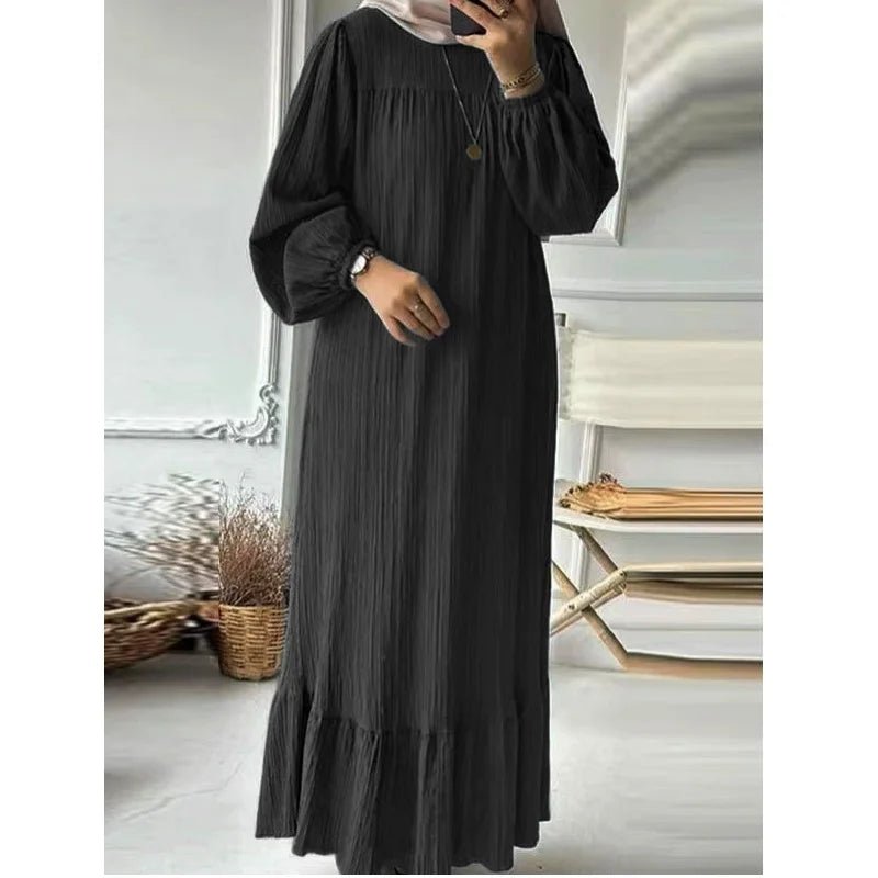 Women Muslim Robe Dress Spring Autumn Fashion Long Sleeve Ruffle Abaya Mid East Casual A - line Dresses - Zeprah