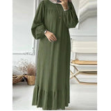 Women Muslim Robe Dress Spring Autumn Fashion Long Sleeve Ruffle Abaya Mid East Casual A - line Dresses - Zeprah