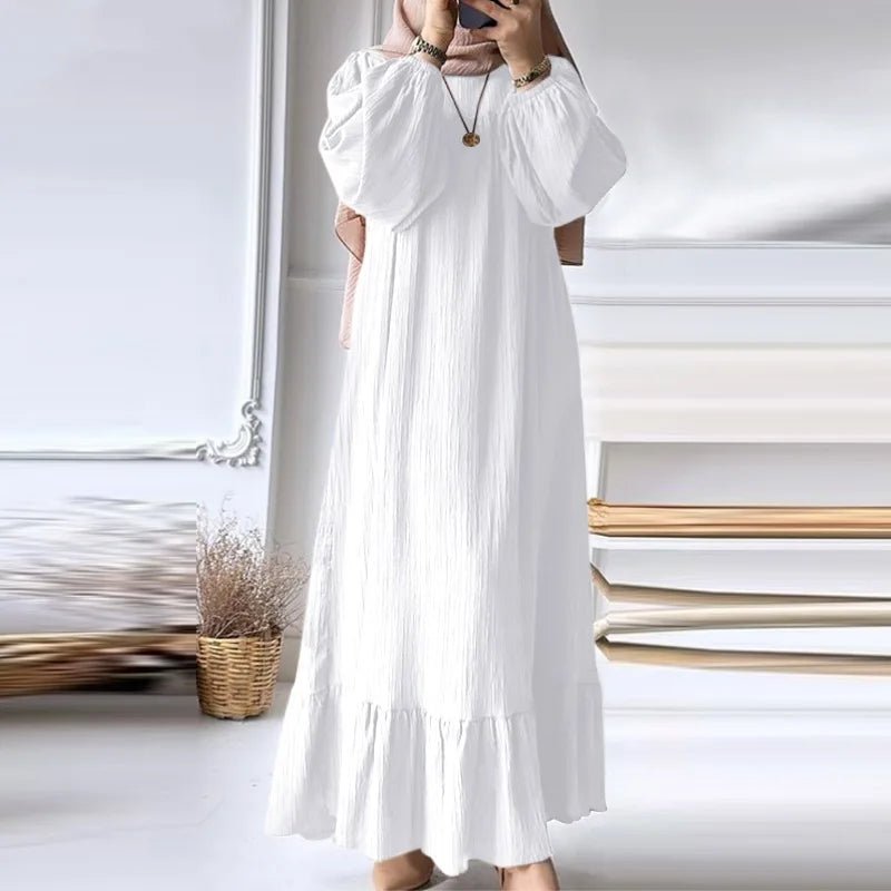 Women Muslim Robe Dress Spring Autumn Fashion Long Sleeve Ruffle Abaya Mid East Casual A - line Dresses - Zeprah