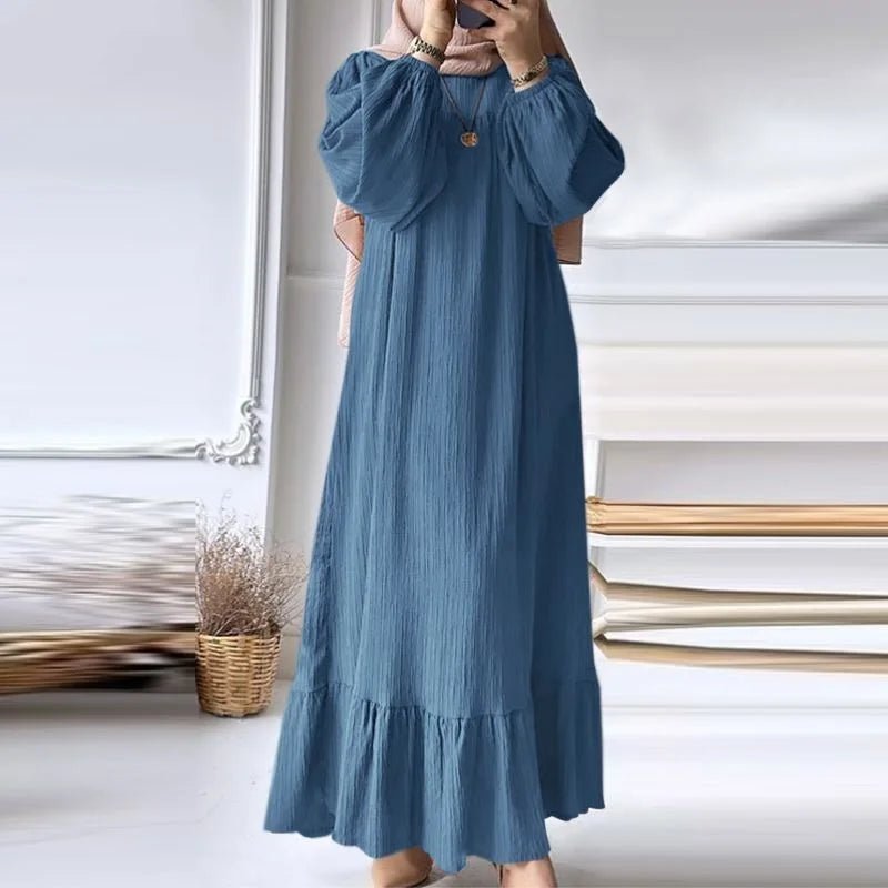 Women Muslim Robe Dress Spring Autumn Fashion Long Sleeve Ruffle Abaya Mid East Casual A - line Dresses - Zeprah