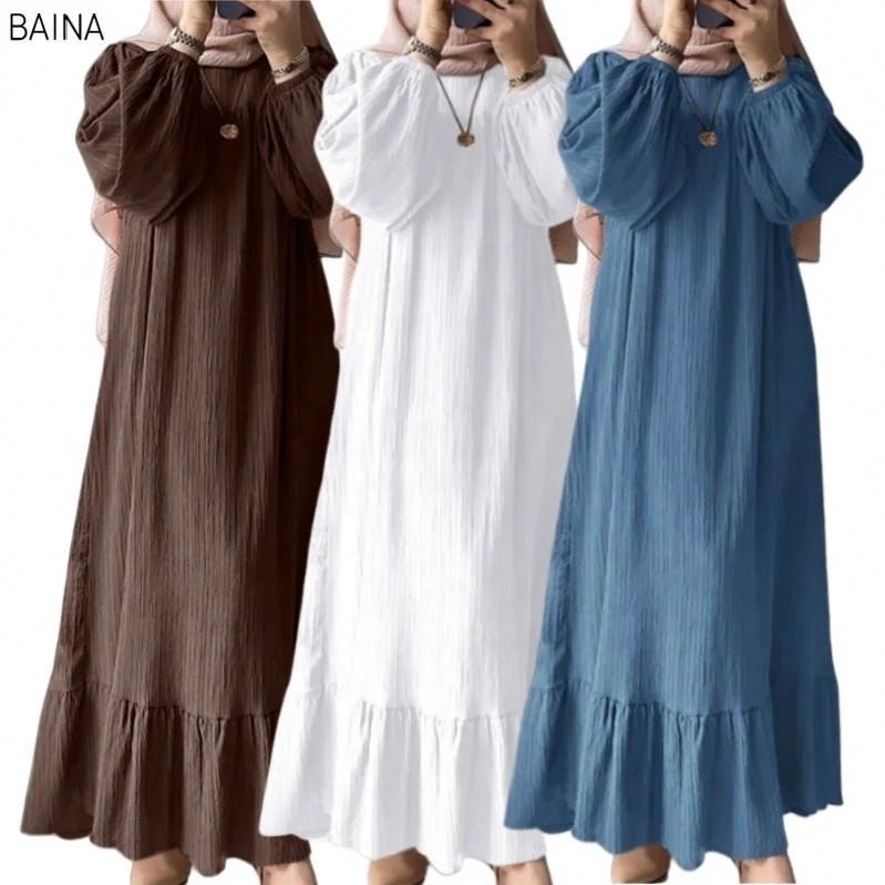 Women Muslim Robe Dress Spring Autumn Fashion Long Sleeve Ruffle Abaya Mid East Casual A - line Dresses - Zeprah