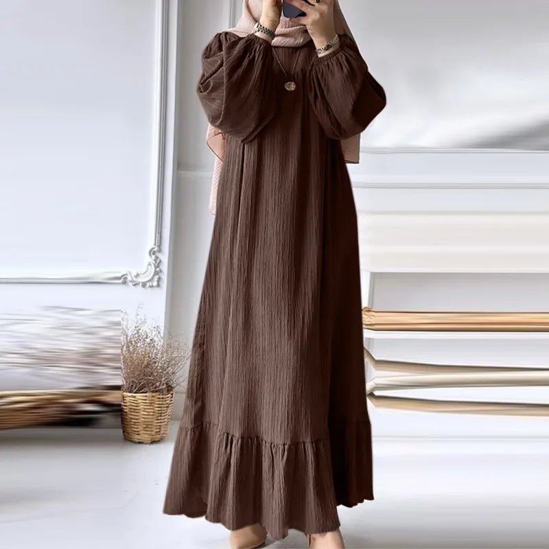 Women Muslim Robe Dress Spring Autumn Fashion Long Sleeve Ruffle Abaya Mid East Casual A - line Dresses - Zeprah