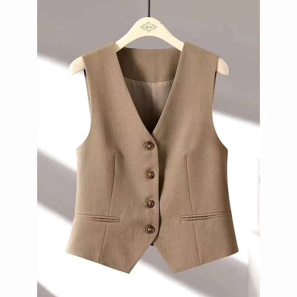 Women New Slim - fit Short Vest & Camisole Combo Vests Tops V - neck Single Breasted Lady Office Sleeveless Slim Suit Vest - Zeprah