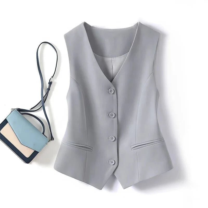 Women New Slim - fit Short Vest & Camisole Combo Vests Tops V - neck Single Breasted Lady Office Sleeveless Slim Suit Vest - Zeprah