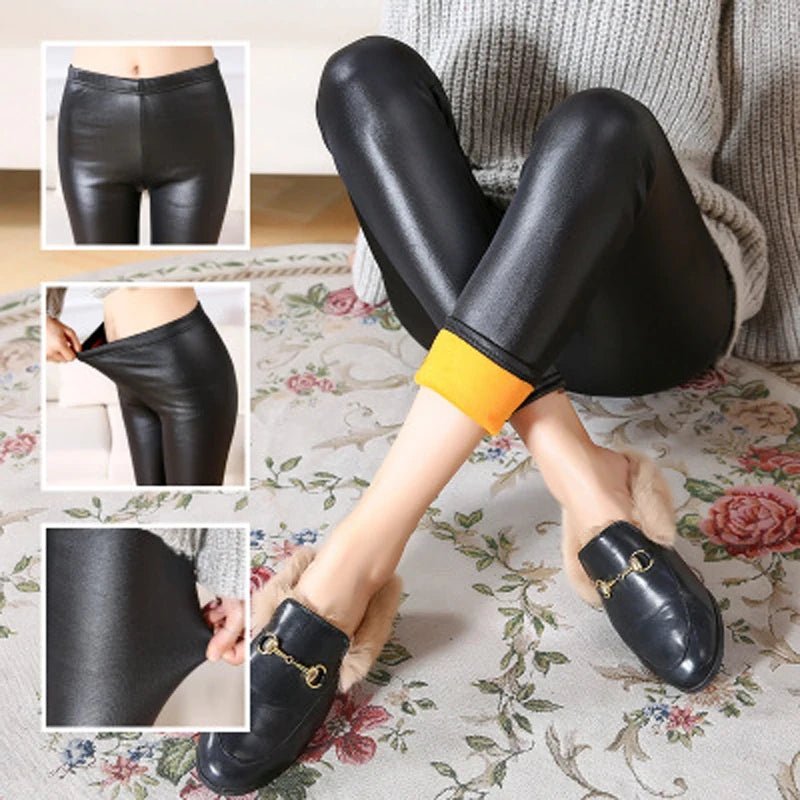 Women Pants High Waist Faux Leather Leggings Black Ninth Fleece Leggings Plush Pants Velvet Thick Warm Leggings - Zeprah