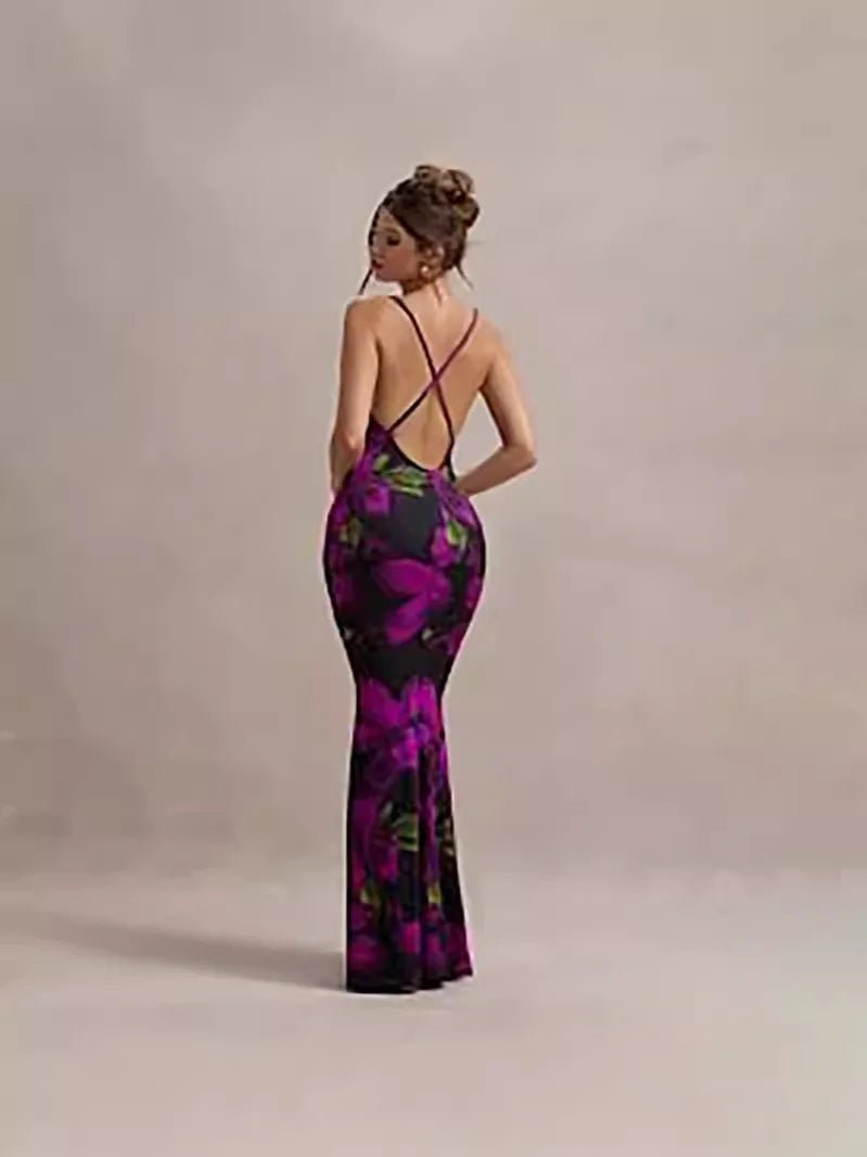 Women Printed Slim Sexy Sleeveless Sexy Slim Club Dress Sleeveless Neck Drape Open Back Knit Slim Dress - Zeprah