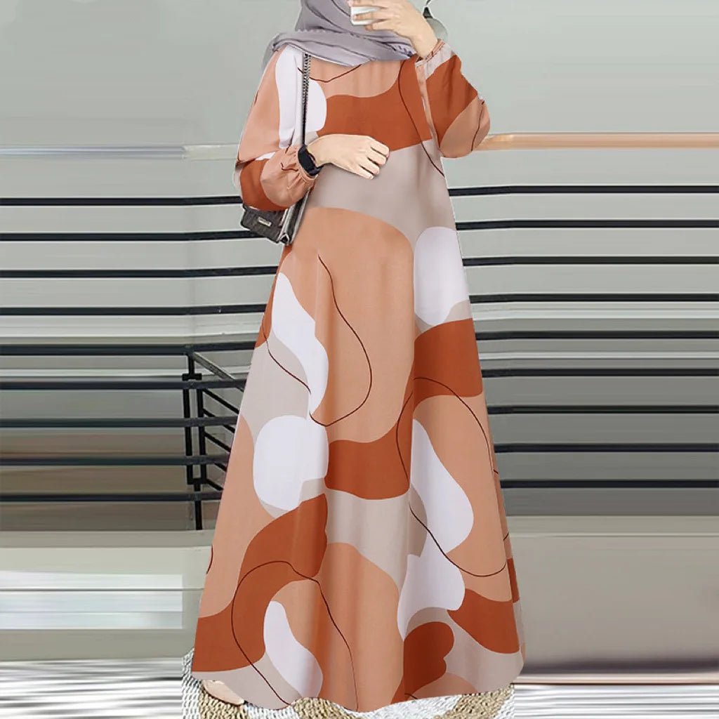 Women Robe Printed Middle Eastern Muslim Malay Sleeve Floor Length Traditional Long Dress - Zeprah