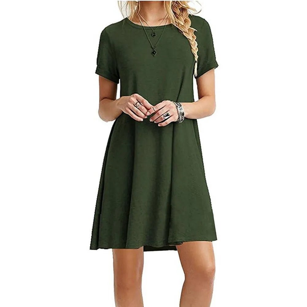 Women Sexy Solid Color Print A - Line Dress Round Neck Short Sleeve Casual Party Dresses Girls Above Knee Sweet Dress - Zeprah