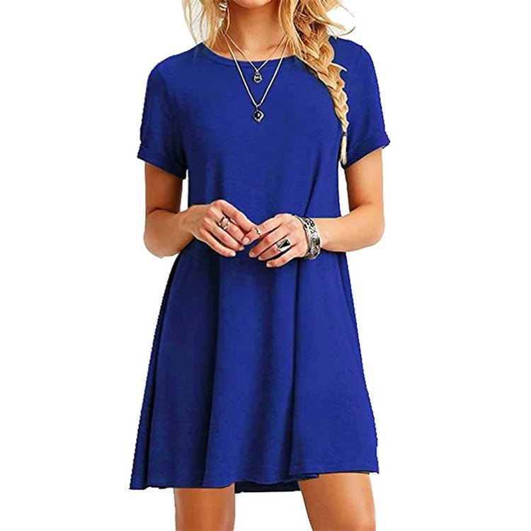 Women Sexy Solid Color Print A - Line Dress Round Neck Short Sleeve Casual Party Dresses Girls Above Knee Sweet Dress - Zeprah
