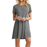 Women Sexy Solid Color Print A - Line Dress Round Neck Short Sleeve Casual Party Dresses Girls Above Knee Sweet Dress - Zeprah
