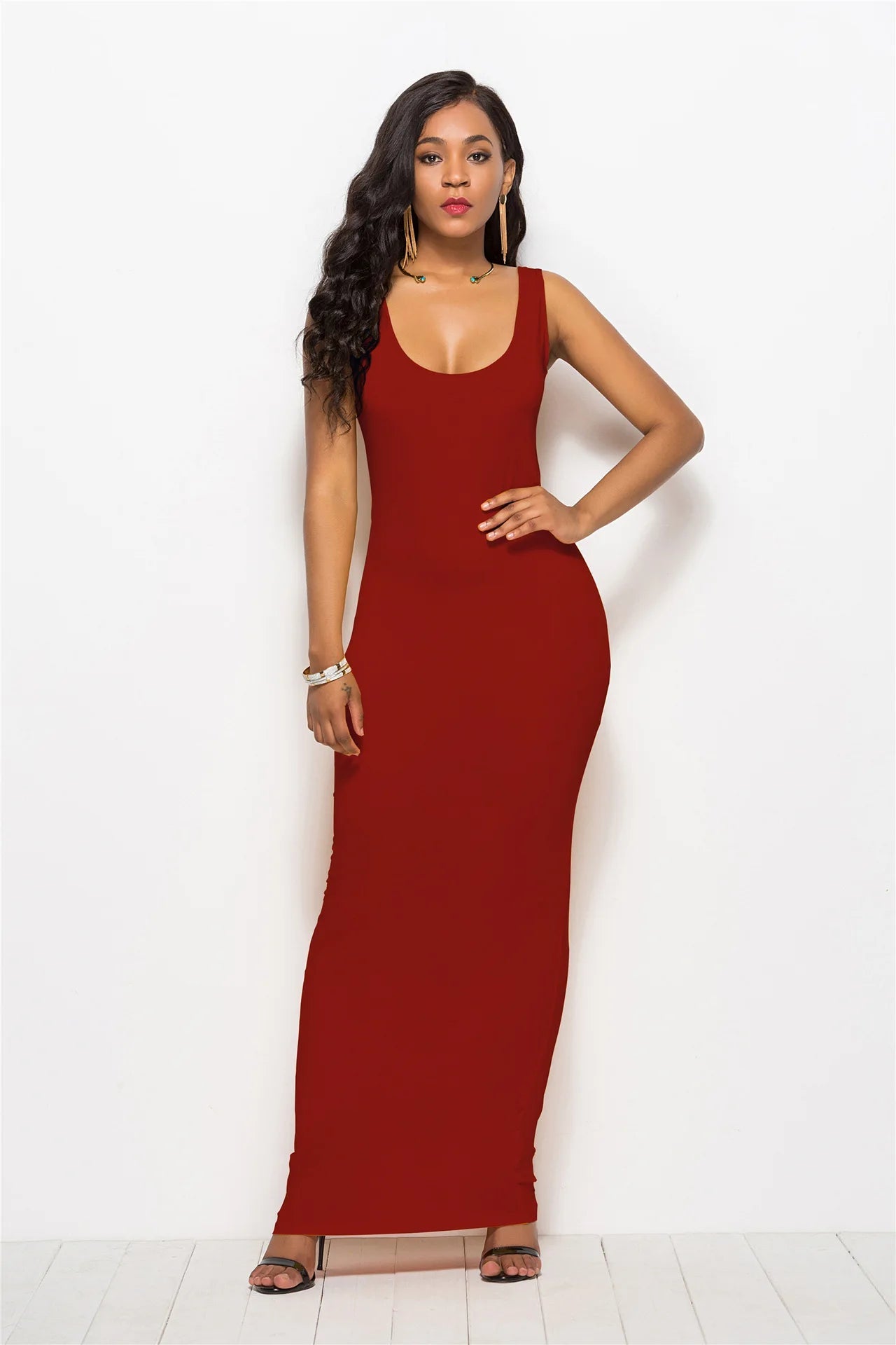 Women Solid Color Stretchy Camisole Spaghetti Strap Long Tank Top Slip Long Dress - Zeprah