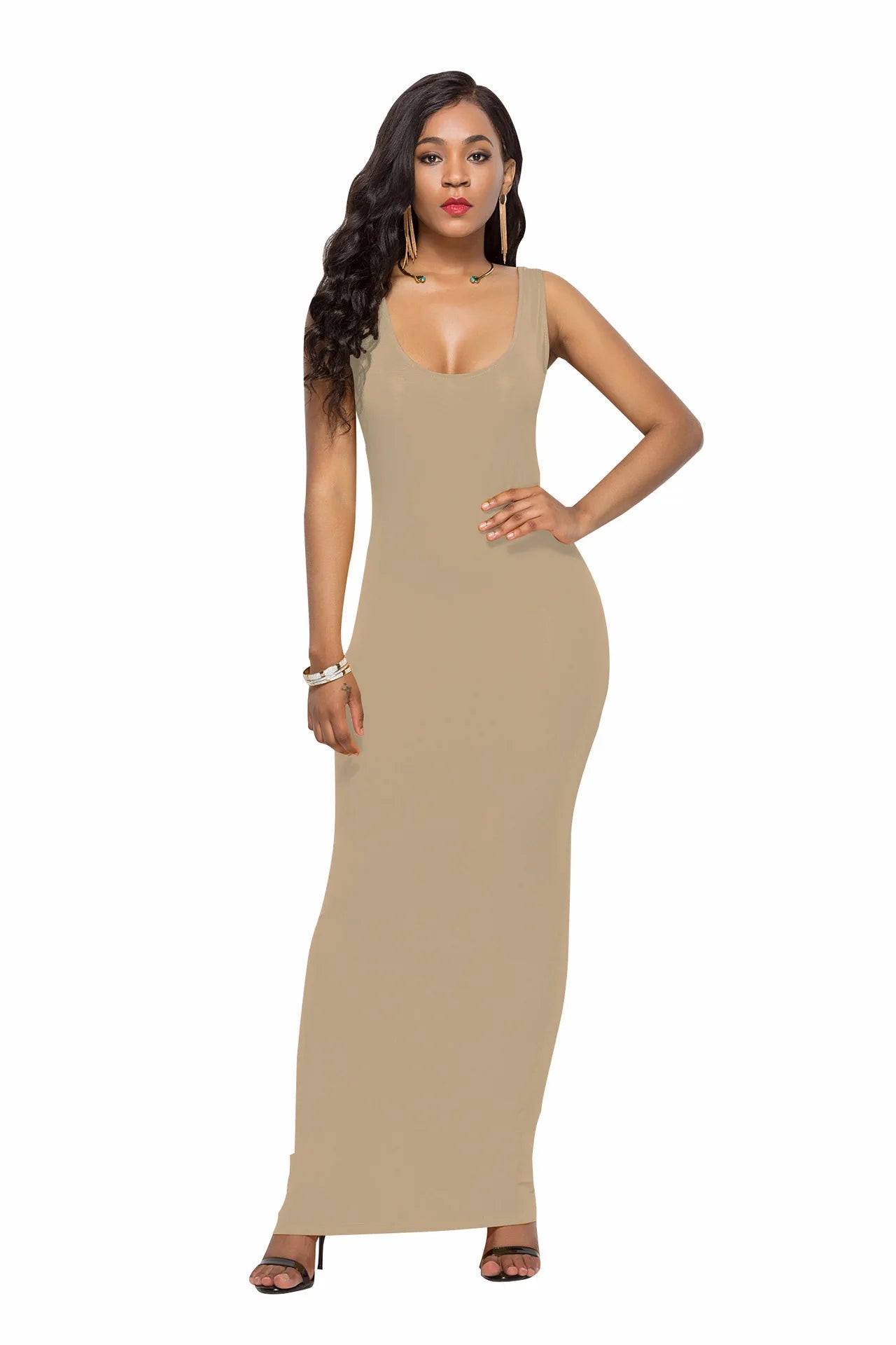 Women Solid Color Stretchy Camisole Spaghetti Strap Long Tank Top Slip Long Dress - Zeprah