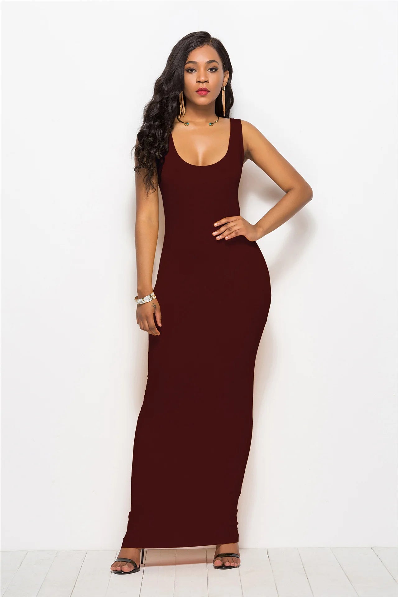 Women Solid Color Stretchy Camisole Spaghetti Strap Long Tank Top Slip Long Dress - Zeprah