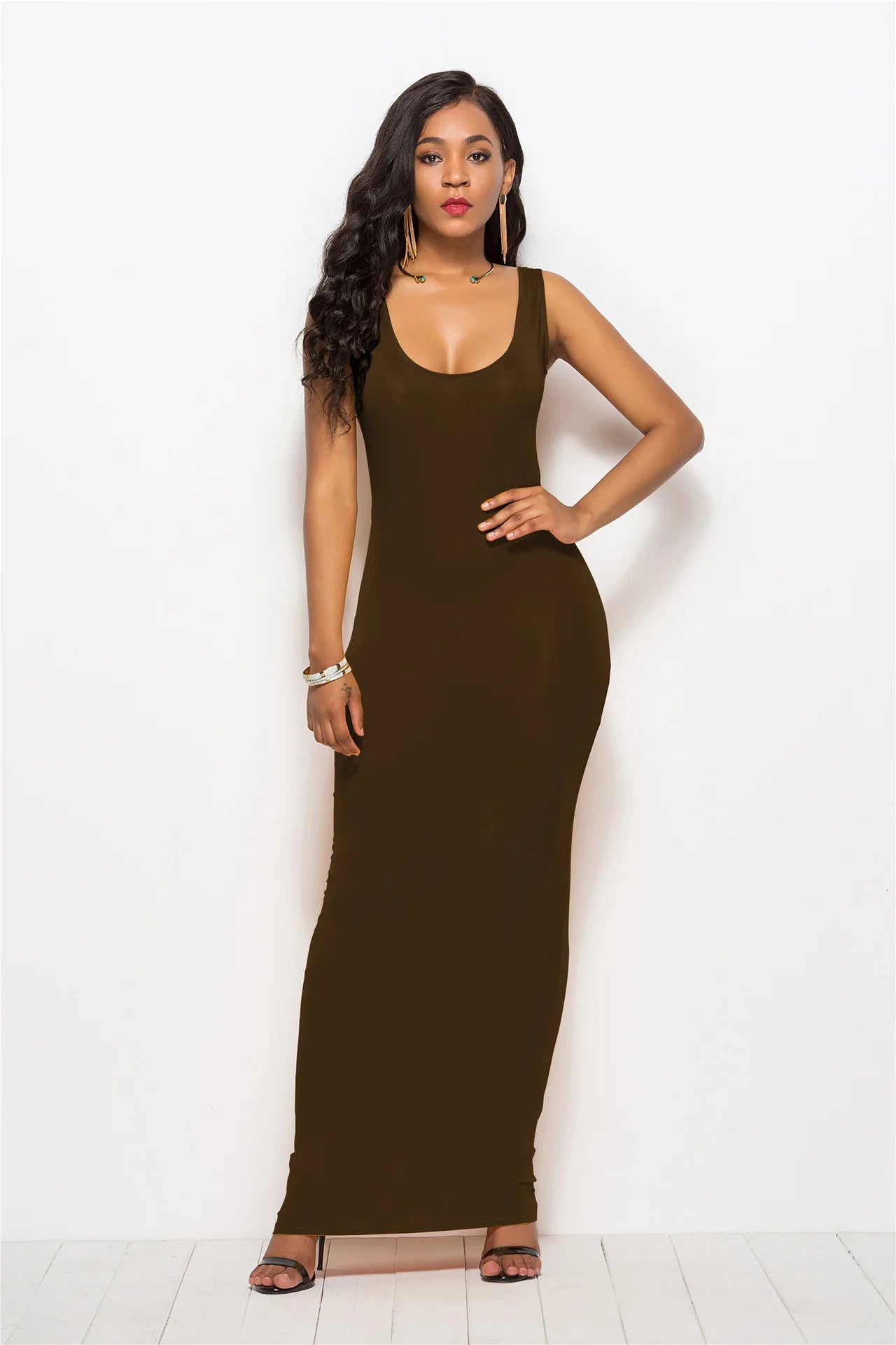 Women Solid Color Stretchy Camisole Spaghetti Strap Long Tank Top Slip Long Dress - Zeprah