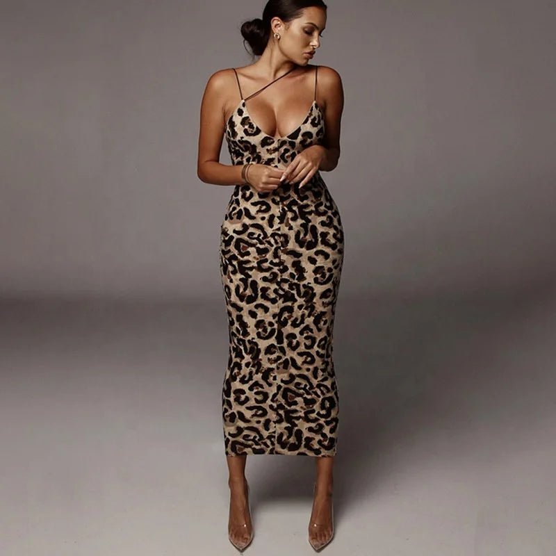 Women Spaghetti Strap Backless Snake Party Club Pencil Dress Sexy V Neck Leopard Slim Long Dress - Zeprah