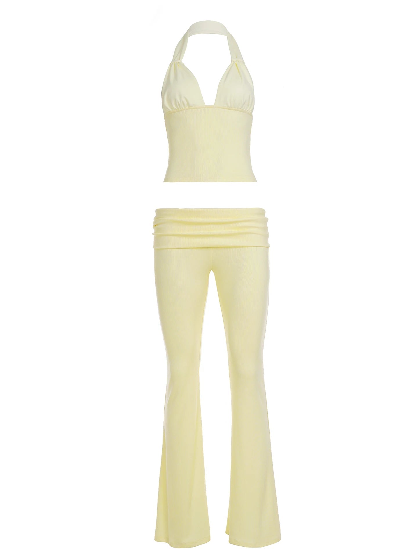 Women Stretch Two Piece Set Halter Neck V Neck Skinny Top Flared Pants Solid Color Minimalist Casual Breathable Knitting - Zeprah