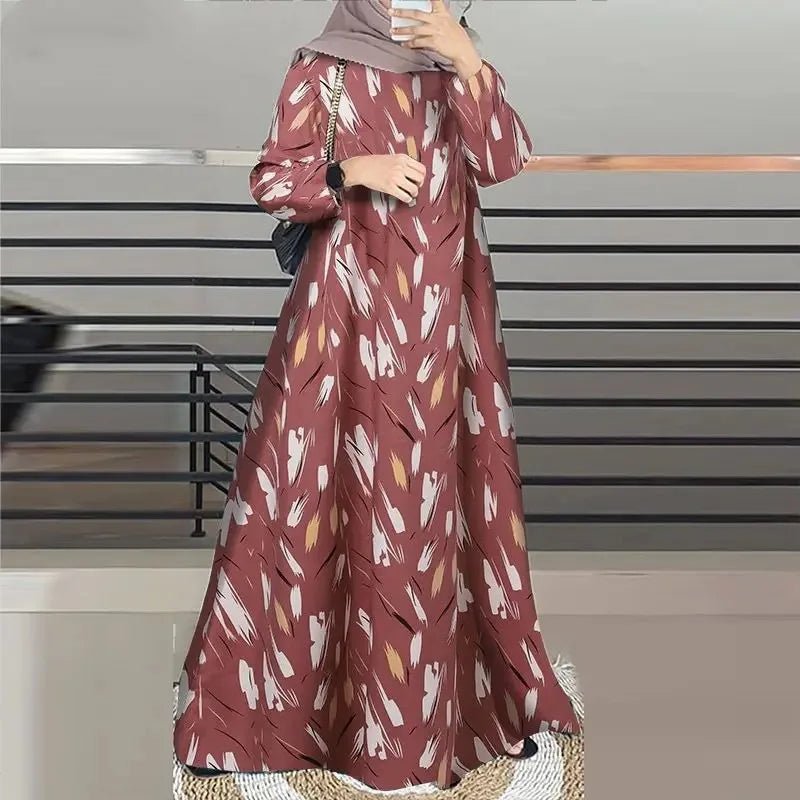 Women Turkey Robe O - Neck Sleeve Traditional Fashion Print Muslim Long Dress - Zeprah
