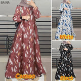 Women Turkey Robe O - Neck Sleeve Traditional Fashion Print Muslim Long Dress - Zeprah