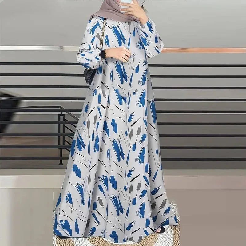 Women Turkey Robe O - Neck Sleeve Traditional Fashion Print Muslim Long Dress - Zeprah