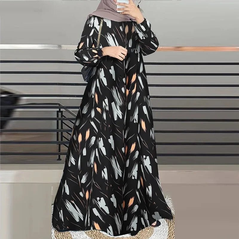 Women Turkey Robe O - Neck Sleeve Traditional Fashion Print Muslim Long Dress - Zeprah