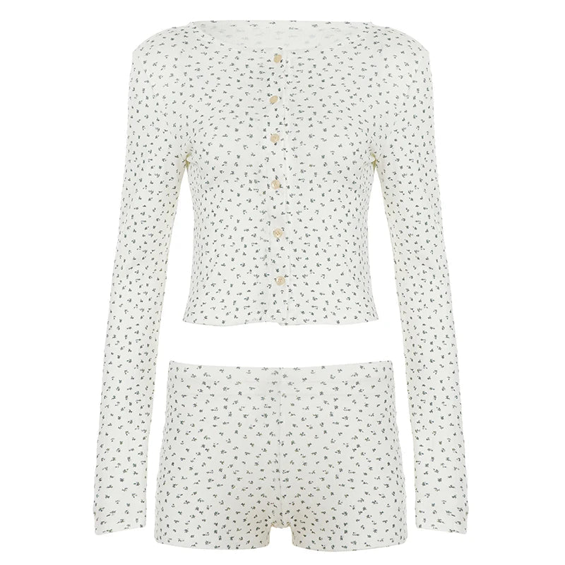 Women Two Piece Knitting Floral Print Button Crew Neck Long Sleeve Top Shorts Casual Comfortable Breathable Eco - Friendly - Zeprah