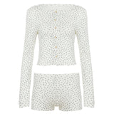 Women Two Piece Knitting Floral Print Button Crew Neck Long Sleeve Top Shorts Casual Comfortable Breathable Eco - Friendly - Zeprah