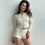 Women Two Piece Knitting Floral Print Button Long Sleeve Top Shorts Casual Comfortable Breathable Eco - Friendly Spandex/Polyester - Zeprah