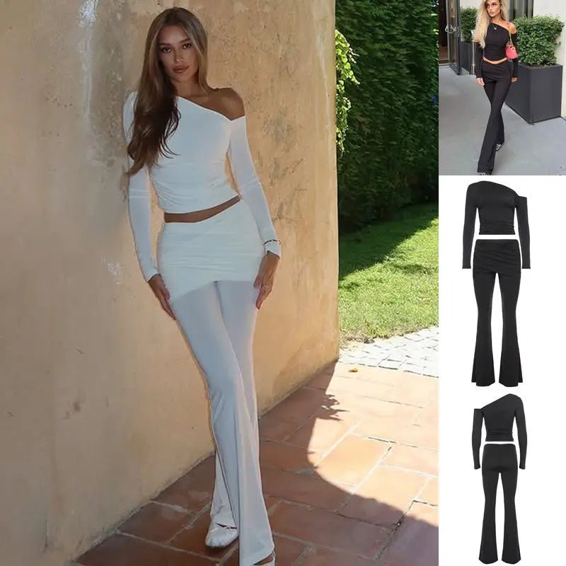Women Two Piece Set Casual Outfit Criss - cross Neck Regular Top Skinny Pants Stretchy Knit Solid Color Eco - Friendly Breathable - Zeprah