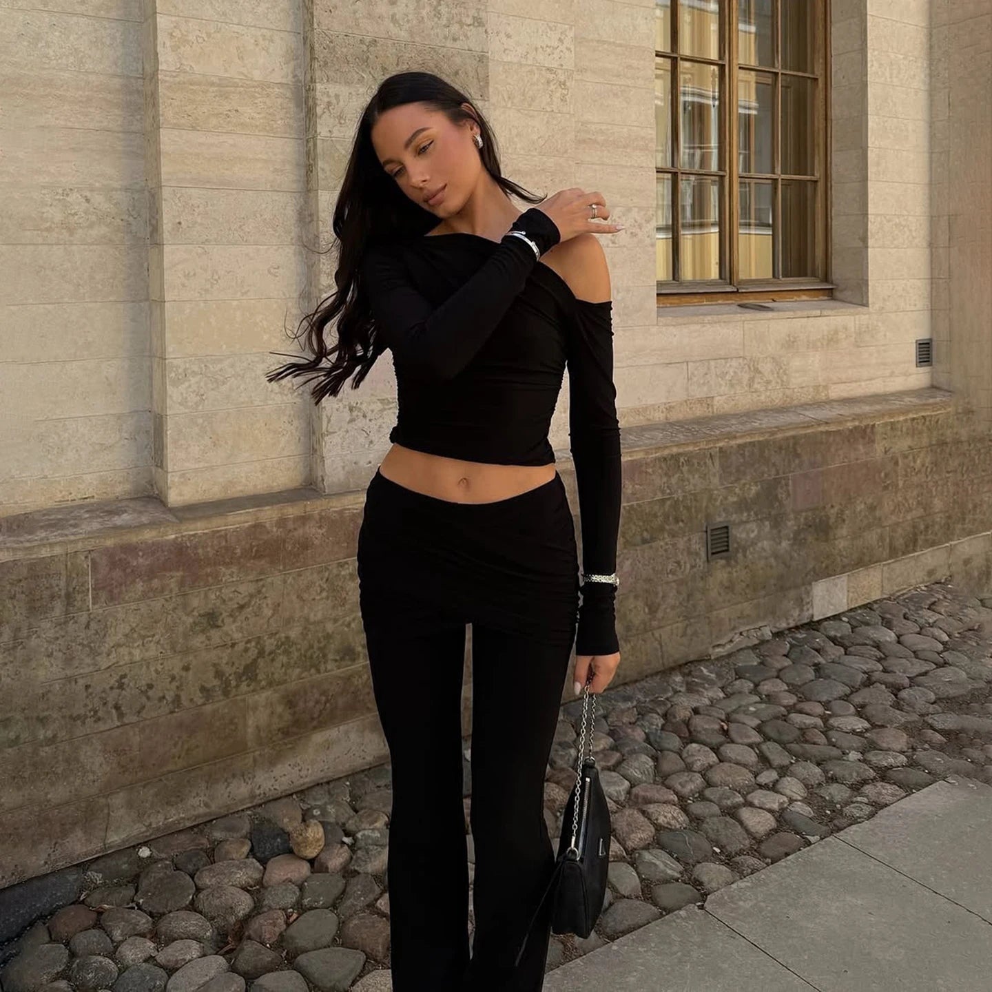 Women Two Piece Set Casual Outfit Criss - cross Neck Regular Top Skinny Pants Stretchy Knit Solid Color Eco - Friendly Breathable - Zeprah