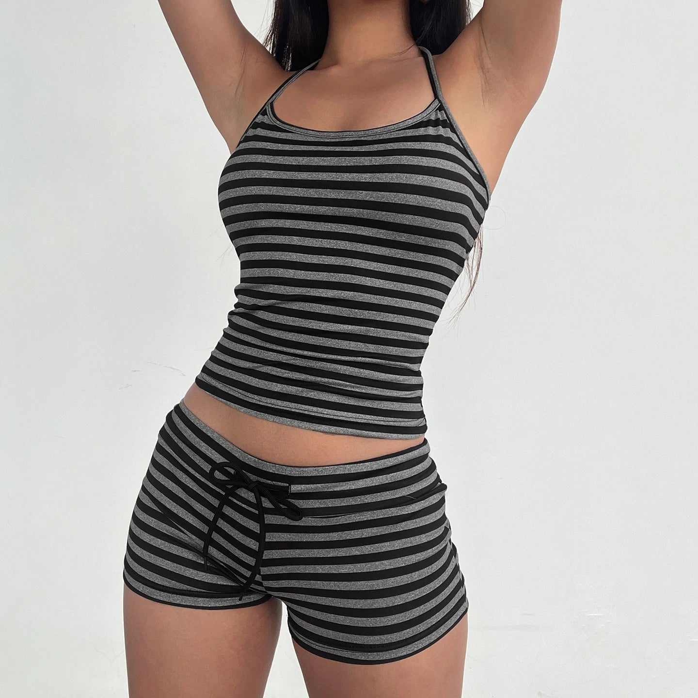 Women Vintage Stripe Print Sleeveless Halter Top and Tie Shorts Eco - Friendly Breathable Comfortable Home Loungewear Set - Zeprah