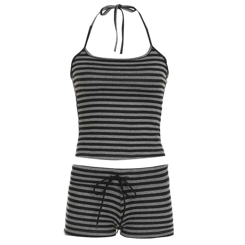 Women Vintage Stripe Print Sleeveless Halter Top and Tie Shorts Eco - Friendly Breathable Comfortable Home Loungewear Set - Zeprah