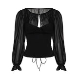 Women's 100% Polyester Woven Chiffon Shirt - Sexy Deep V - Neck Balloon Sleeve Loose Short Blouse Tie Belt Breathable - Zeprah
