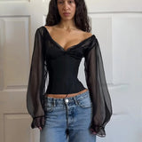 Women's 100% Polyester Woven Chiffon Shirt - Sexy Deep V - Neck Balloon Sleeve Loose Short Blouse Tie Belt Breathable - Zeprah