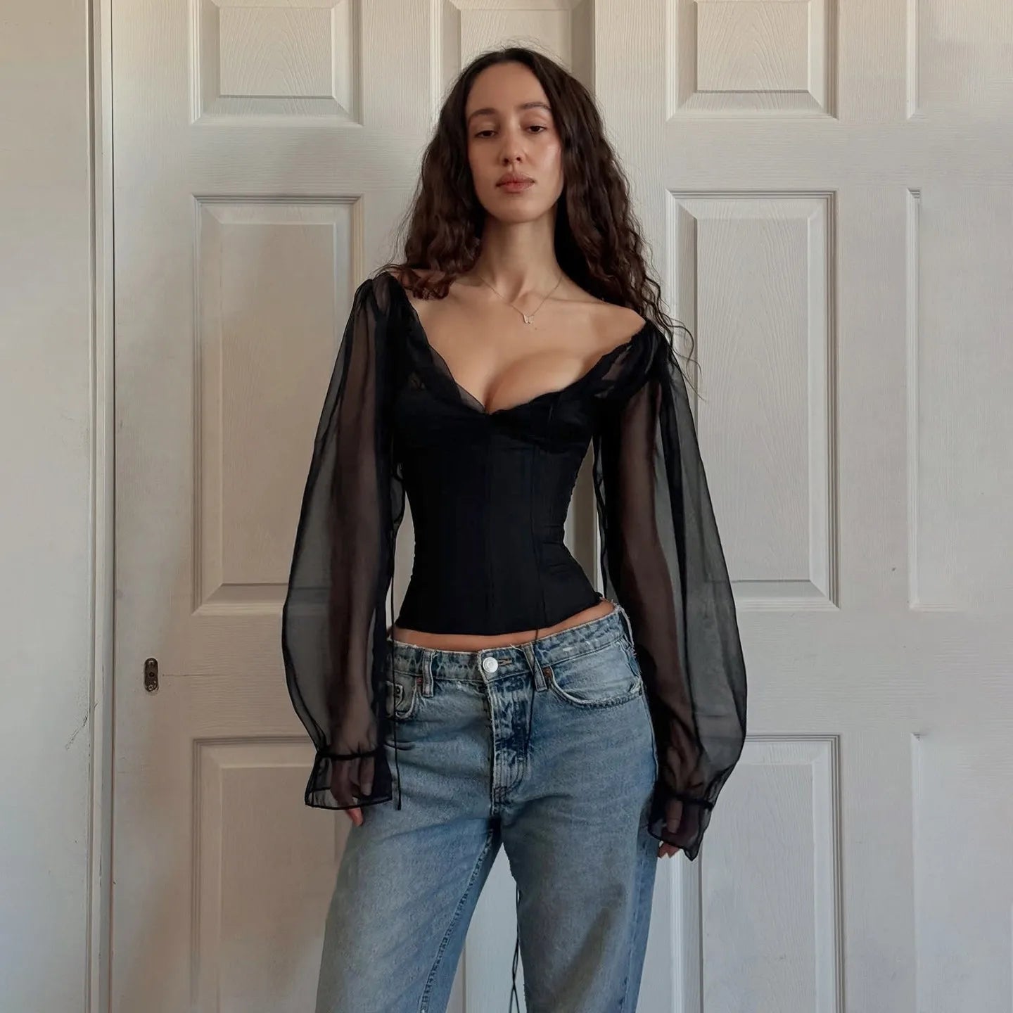 Women's 100% Polyester Woven Chiffon Shirt - Sexy Deep V - Neck Balloon Sleeve Loose Short Blouse Tie Belt Breathable - Zeprah