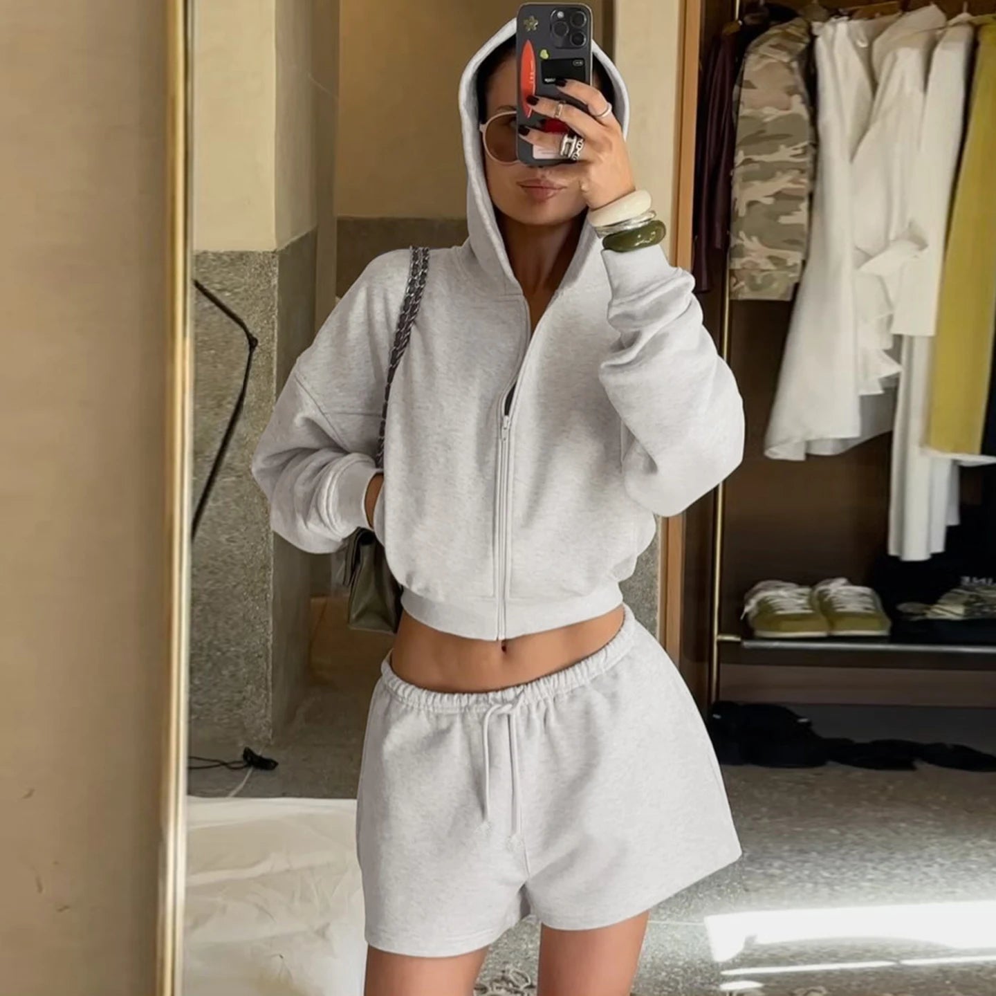 Women's 2 - Piece Set Casual Zip - Up Long Sleeve Hoodie Drawstring Shorts Solid Color Loose Fit Knitting Breathable Sports Wear - Zeprah