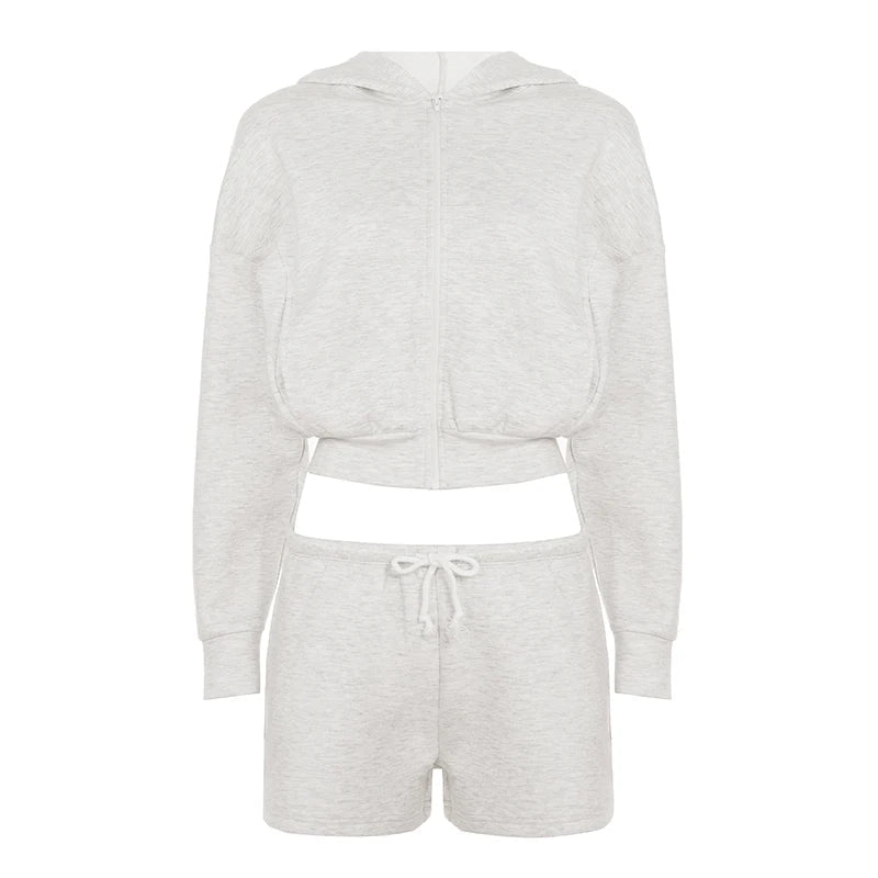 Women's 2 - Piece Set Casual Zip - Up Long Sleeve Hoodie Drawstring Shorts Solid Color Loose Fit Knitting Breathable Sports Wear - Zeprah