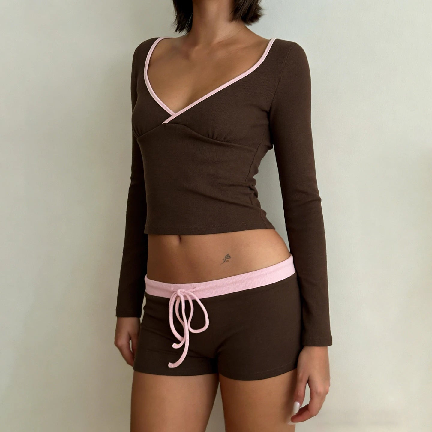 Women's 2 - Piece Set Lace up Ribbed Tie - Front Long Sleeve Top Knee Skinny Fit Shorts | for Biker Shorts Outfit - Zeprah