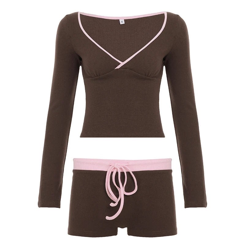 Women's 2 - Piece Set Lace up Ribbed Tie - Front Long Sleeve Top Knee Skinny Fit Shorts | for Biker Shorts Outfit - Zeprah