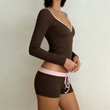 Women's 2 - Piece Set Lace up Ribbed Tie - Front Long Sleeve Top Knee Skinny Fit Shorts | for Biker Shorts Outfit - Zeprah