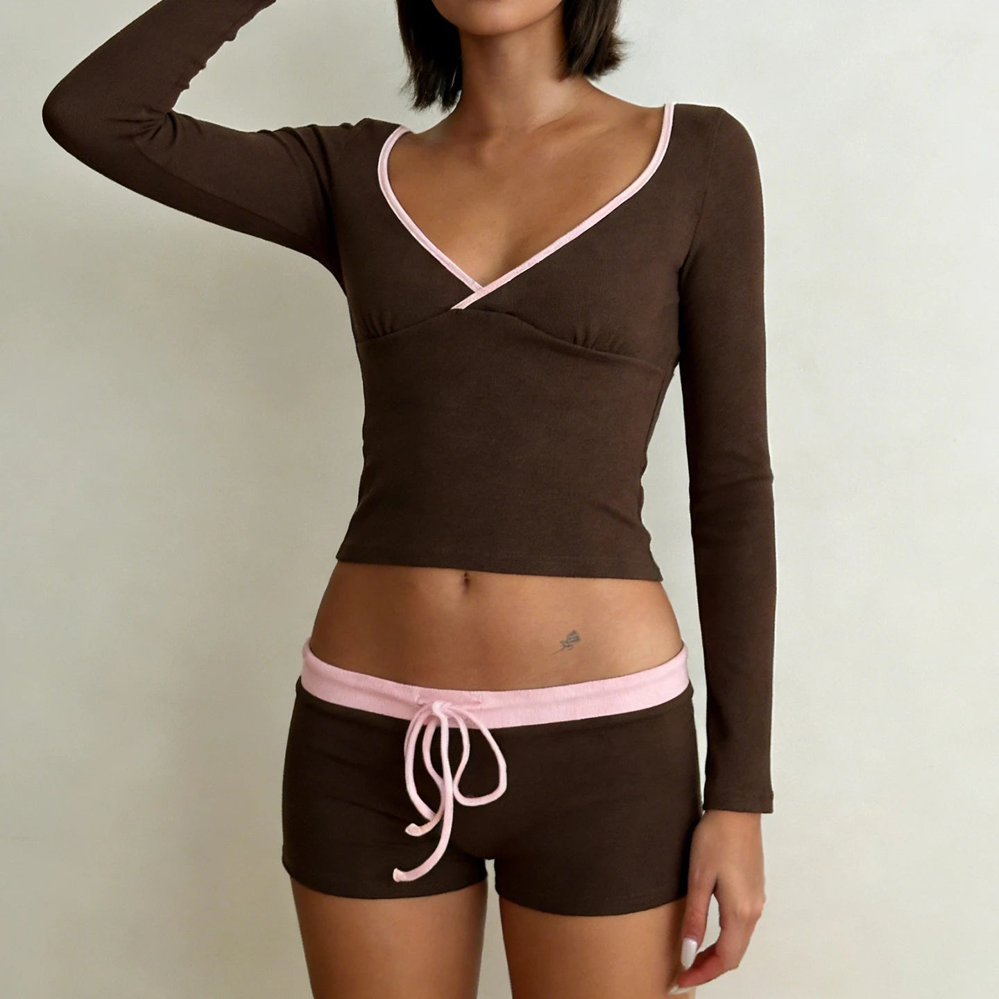 Women's 2 - Piece Set Lace up Ribbed Tie - Front Long Sleeve Top Knee Skinny Fit Shorts | for Biker Shorts Outfit - Zeprah
