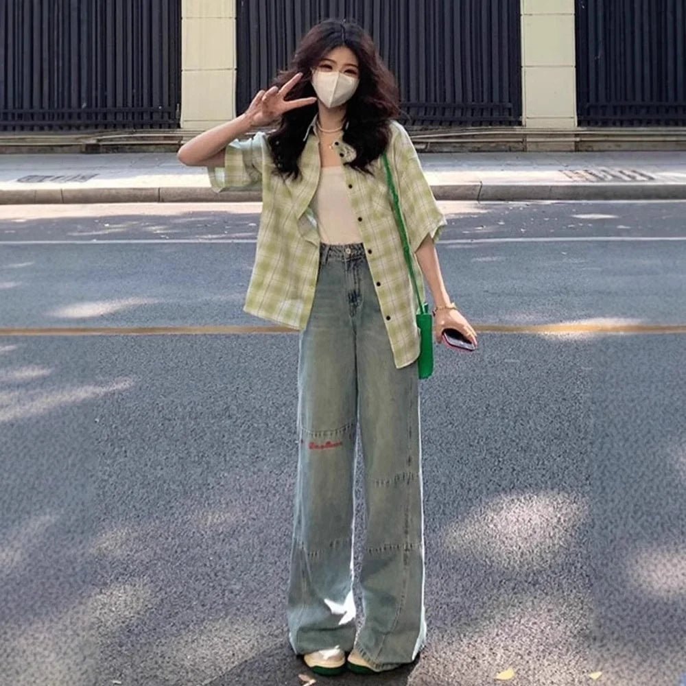 Women's 2025 New Summer Korean Style Short - Sleeve Plaid Shacket Unique Design Small - Batch Blouse - Zeprah