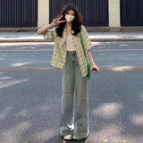 Women's 2025 New Summer Korean Style Short - Sleeve Plaid Shacket Unique Design Small - Batch Blouse - Zeprah
